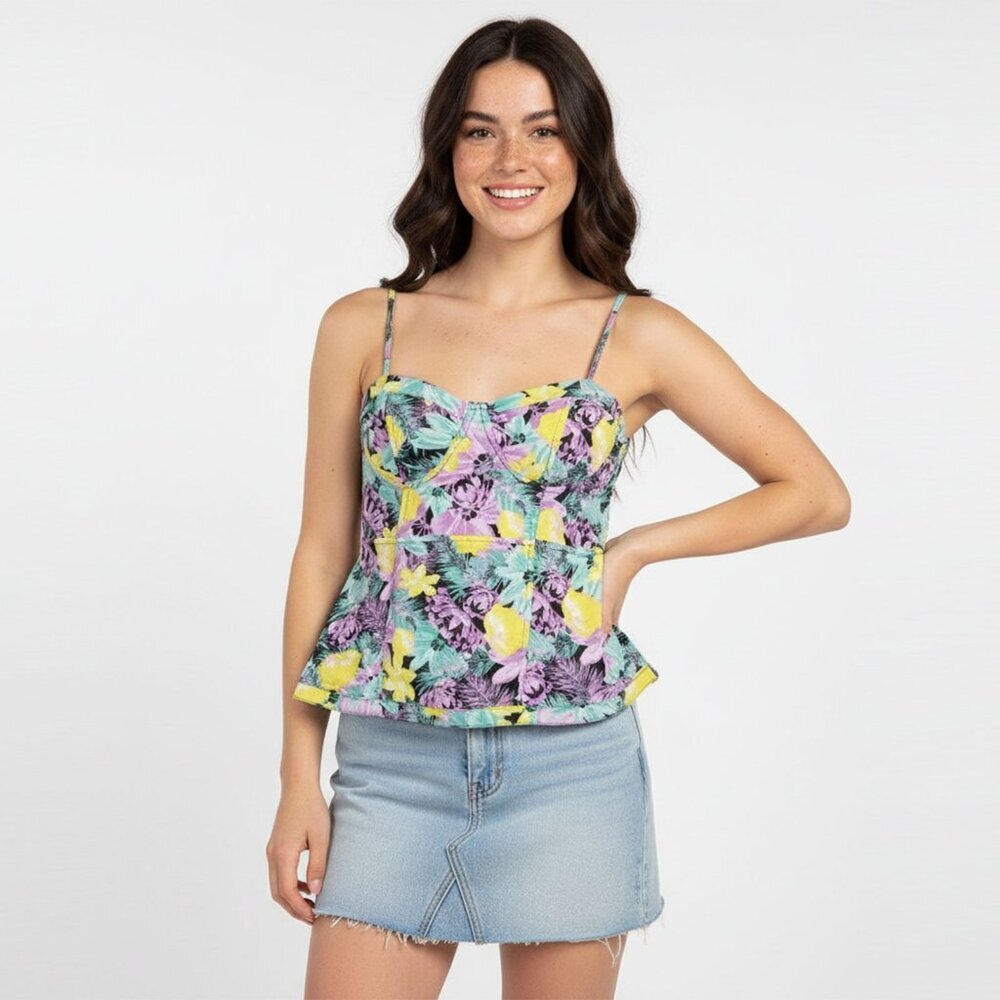 Bluenotes Peplum Floral Sleeveless Blouse Tank Top Smocked Black Purple Blue Y2K